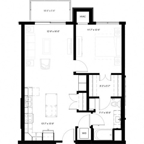 Floor plan for 1 bed, 1 bath, 813 sqft
